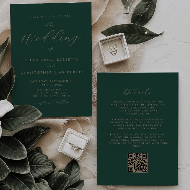 Invitation Script Or moderne Emerald Green QR Code Mariage (Créateur téléchargé)