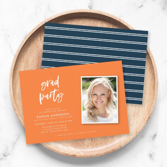Invitation Script Orange and Blue Photo Graduation Party (Créateur téléchargé)