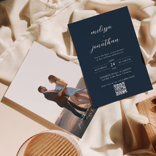 Invitation Script photo bleu de la marine moderne QR Code Mar
