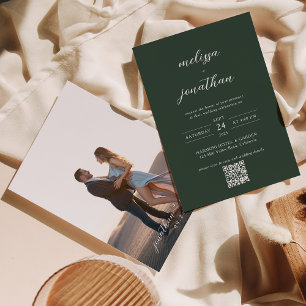 Invitation Script photo moderne vert foncé QR Code Mariage