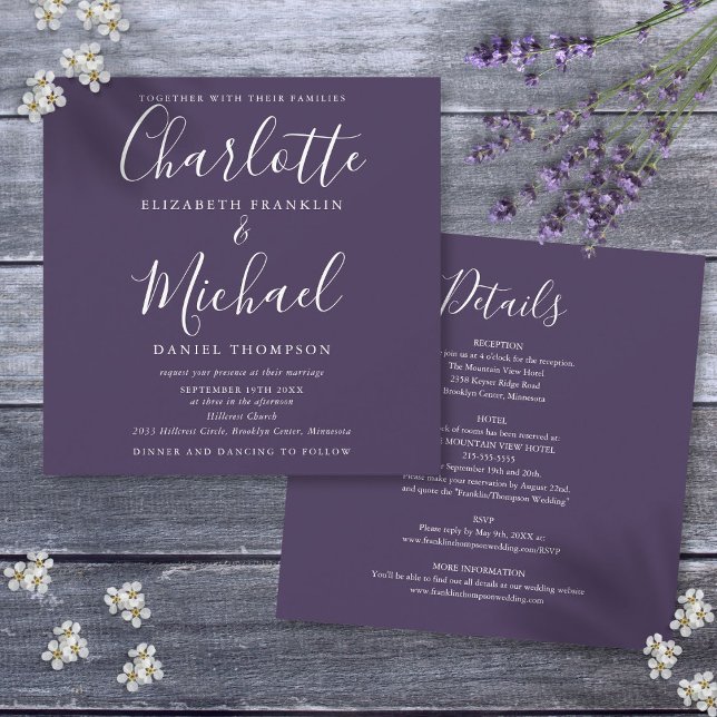 Invitation Script Purple Élégant Tout En Un Mariage (Purple Elegant Script All In One Wedding Invitation)