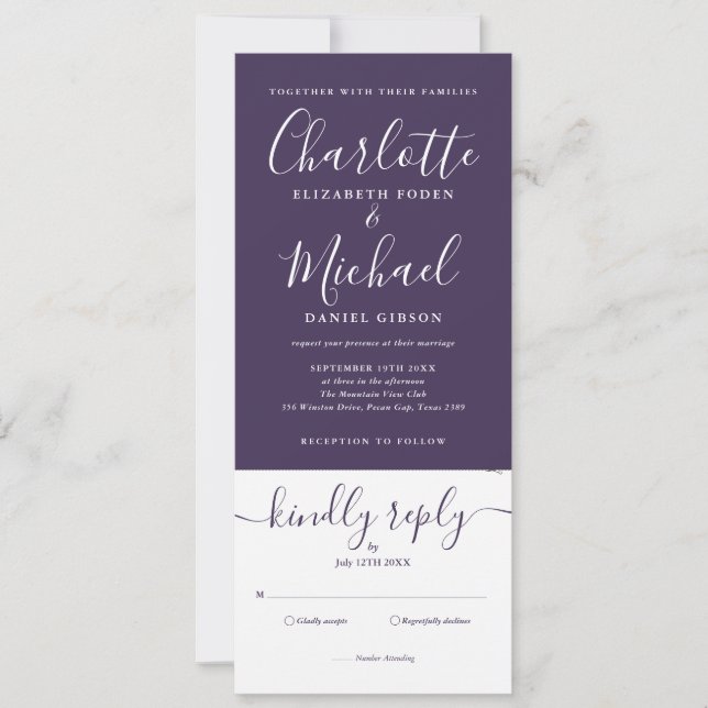 Invitation Script Purple Élégant Tout En Un Mariage Photo (Devant)