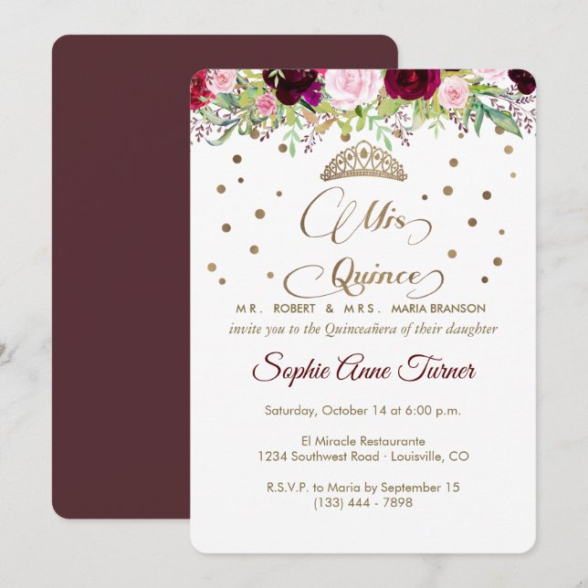 Invitation Script Quince Royal Burgundy Gold Mis Quinceañera (Devant / Derrière)