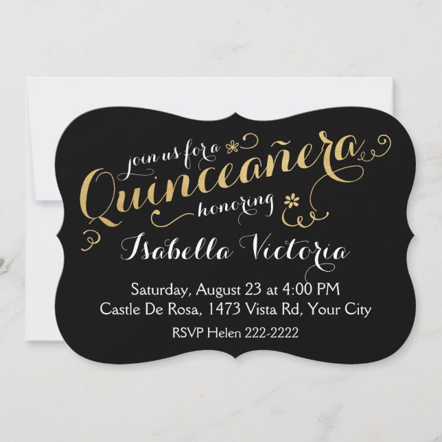 Invitation Script Quinceañera noir et or (Devant)