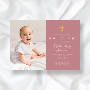 Invitation Script rose moderne Croix fille photo Baptême