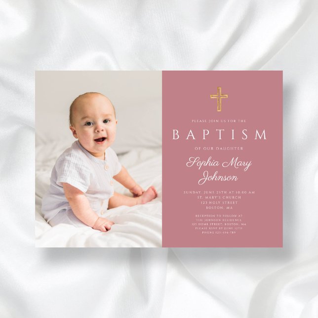 Invitation Script rose moderne Croix fille photo Baptême (Modern Pink Script Cross Girl Photo Baptism Invitation)