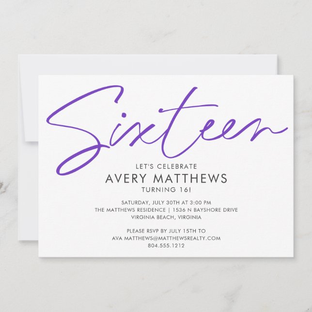Invitation Script rose vif Moderne Doux 16 Anniversaire (Devant)