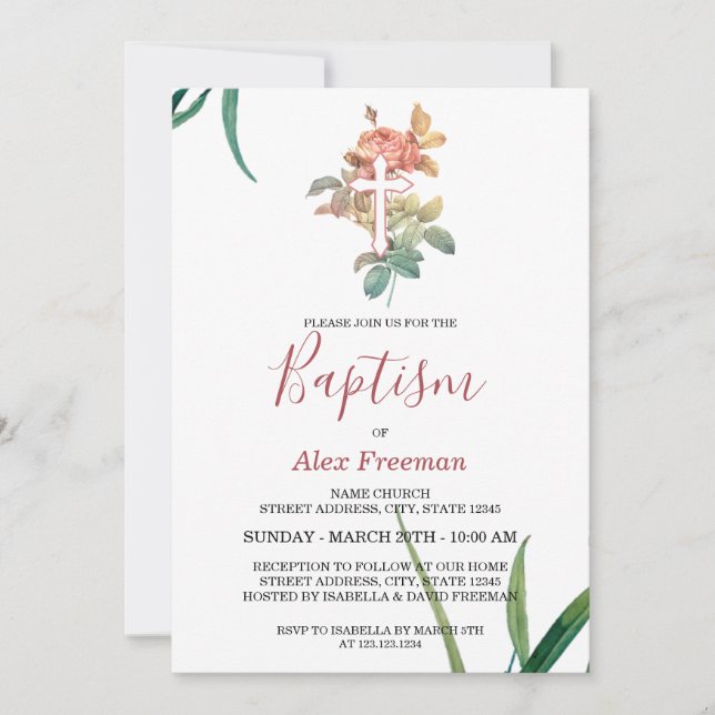 Invitation Script rose vif unique Floral Girl Baptism (Devant)
