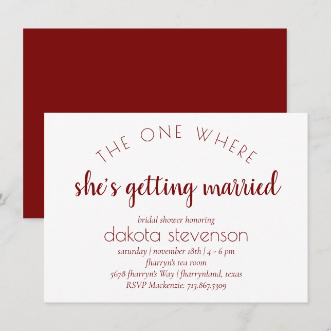 Invitation Script rouge simple | Une Où Elle Se Marie (Devant / Derrière)