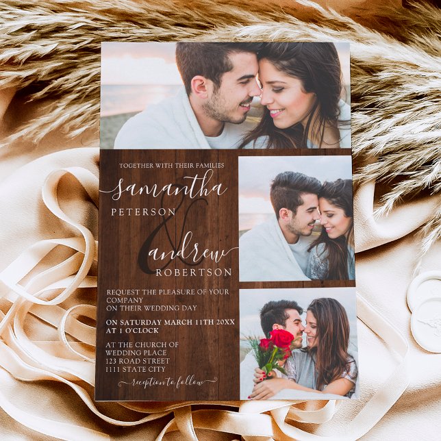 Invitation Script rustique en bois brun 3 photos mariage (Créateur téléchargé)