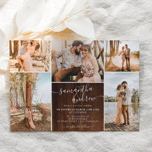 Invitation Script rustique en bois brun 6 photos mariage