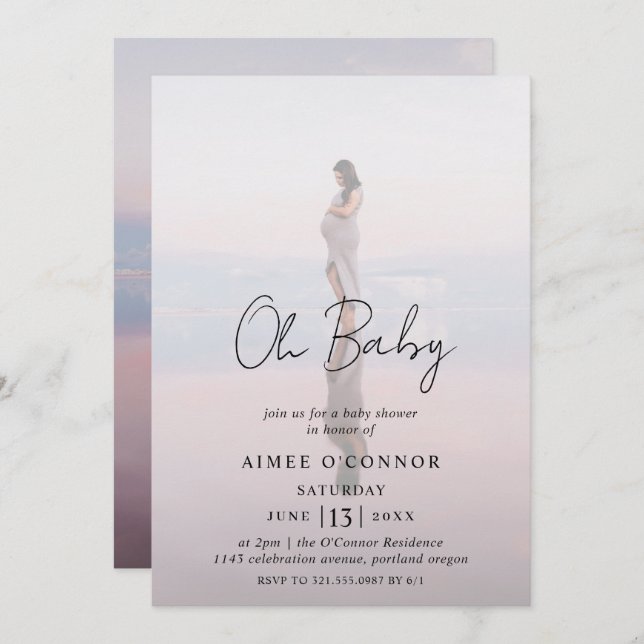 Invitation Script rustique Photo moderne Oh Baby shower (Devant / Derrière)