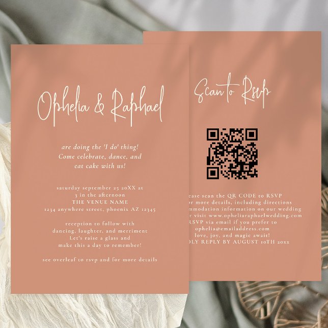 Invitation Script rustique QR Code Boho Terracotta mariage (Front and back view. Available digitally or printed.)