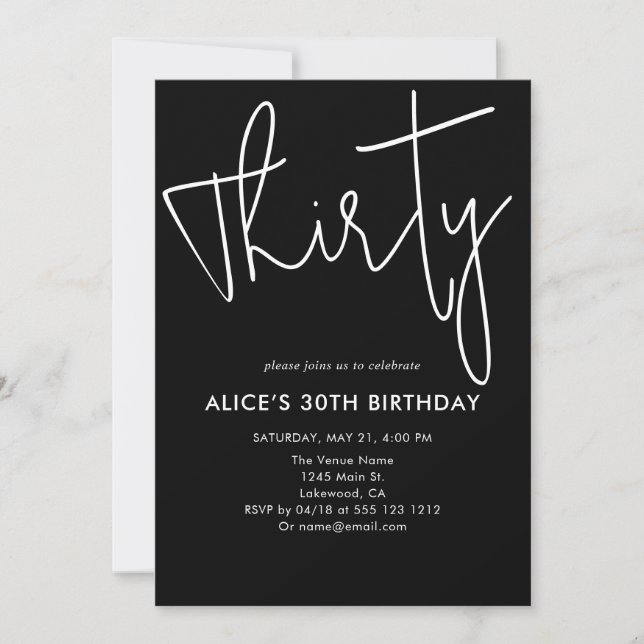 Invitation Script Signature Trente Anniversaire Noir (Devant)