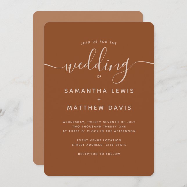 Invitation Script simple élégant Terracotta Mariage bohème (Devant / Derrière)