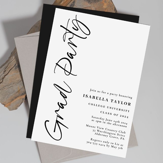Invitation Script simple et élégant noir blanc fête de gradua (Créateur téléchargé)