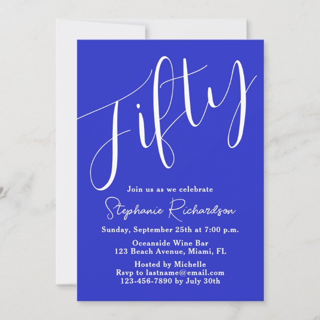 Invitation Script simple moderne Royal Blue 50th Birthday (Devant)