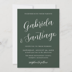 Invitation Script simple vert foncé et Mariage blanc