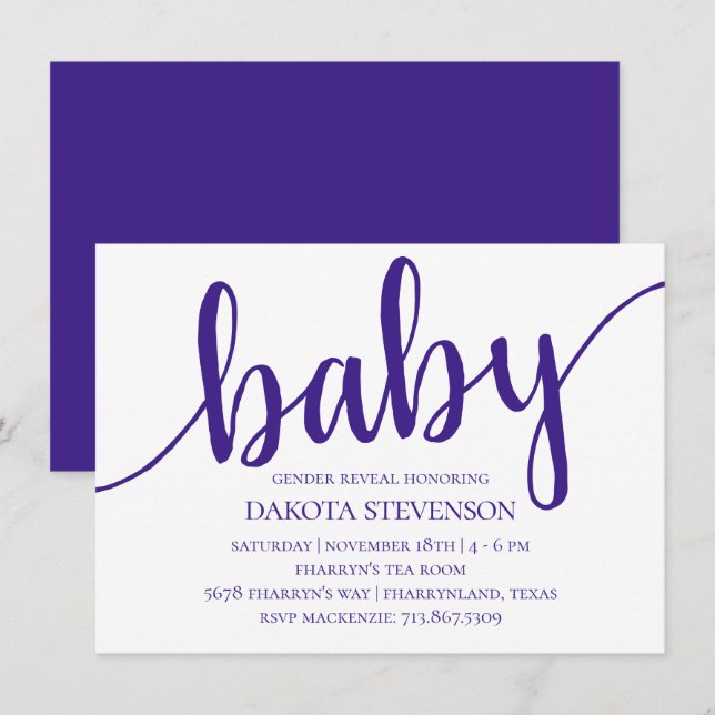 Invitation Script simple violet | Baby shower royal du raisin (Devant / Derrière)