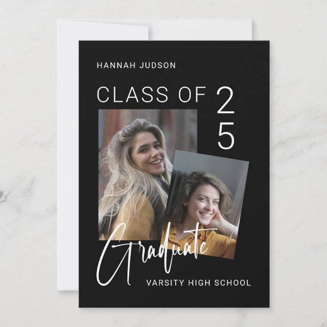 Invitation Script tendance Black 2 Photos Graduation Party (Devant)