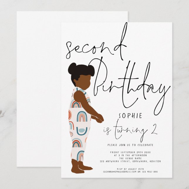 Invitation Script tendance fille Dark cheveux Rainbows 2e ann (Devant / Derrière)