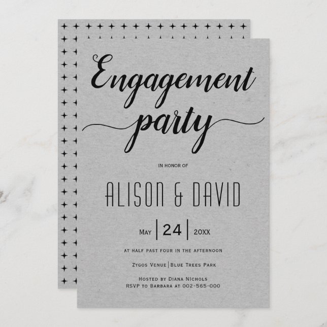 Invitation Script typographie gris mariage partie d'engagemen (Devant / Derrière)