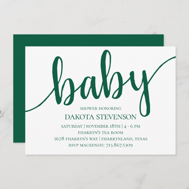Invitation Script vert simple | Baby shower Bold Hunter (Devant / Derrière)