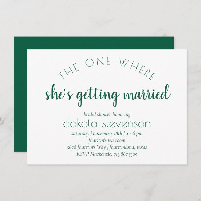 Invitation Script vert simple | Une Où Elle Se Marie (Devant / Derrière)