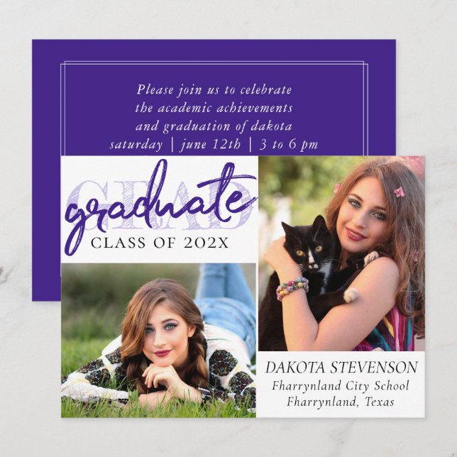 Invitation Script violet de fin d'études | Chic Lavender 2 Ph (Devant / Derrière)