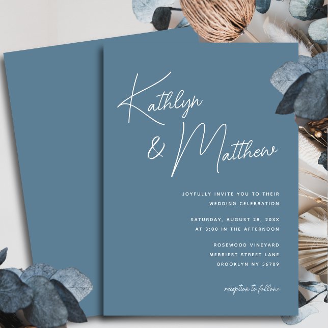 Invitation Script Whimsical bleu Dusty Mariage moderne (Créateur téléchargé)
