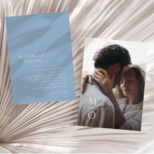 Invitation Script Whimsical Mariage photo Monogramme bleu