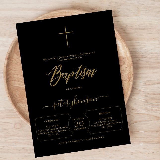 Invitation Script Whimsy Noir & Or Genre Baptême neutre (Créateur téléchargé)