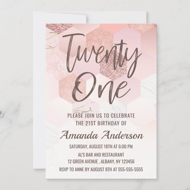 Invitation Scripts de pinceau Rose Gold Tiles 21e anniversair (Devant)