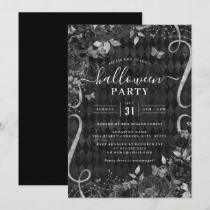 Invitation Scroll Black Dark Éffrayant Floral Halloween Party
