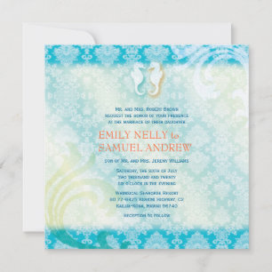 Invitation Sea Horse Couple Bijoux Damask Beach Mariage