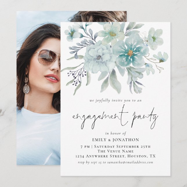 Invitation Sea Mist Turquoise Florals (Devant / Derrière)