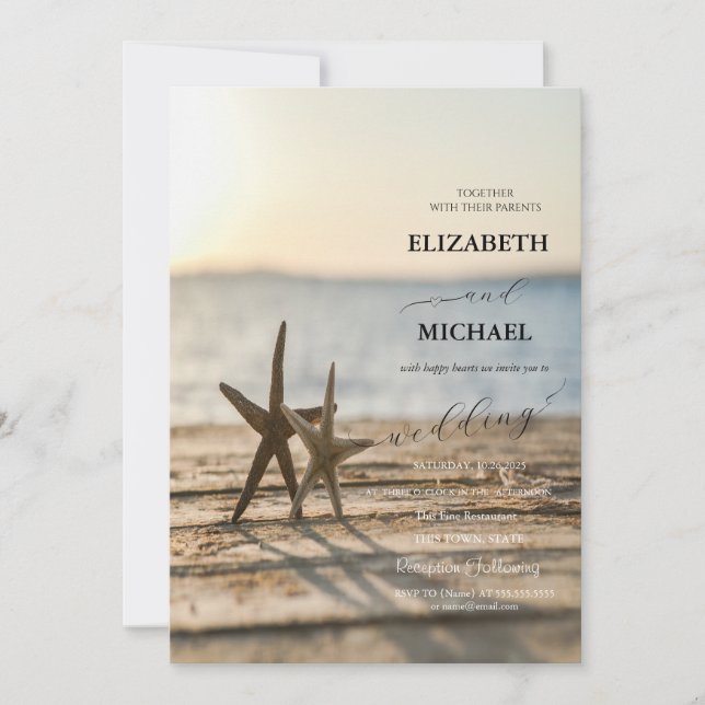 Invitation Sea stars Sand Beach Script Mariage (Devant)