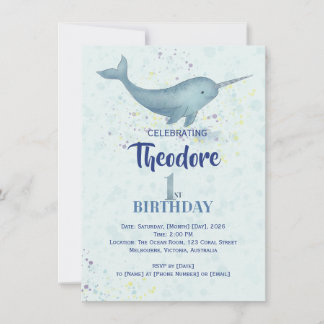 Invitation Sea Unicorn Narwal aquarelle 1er anniversaire