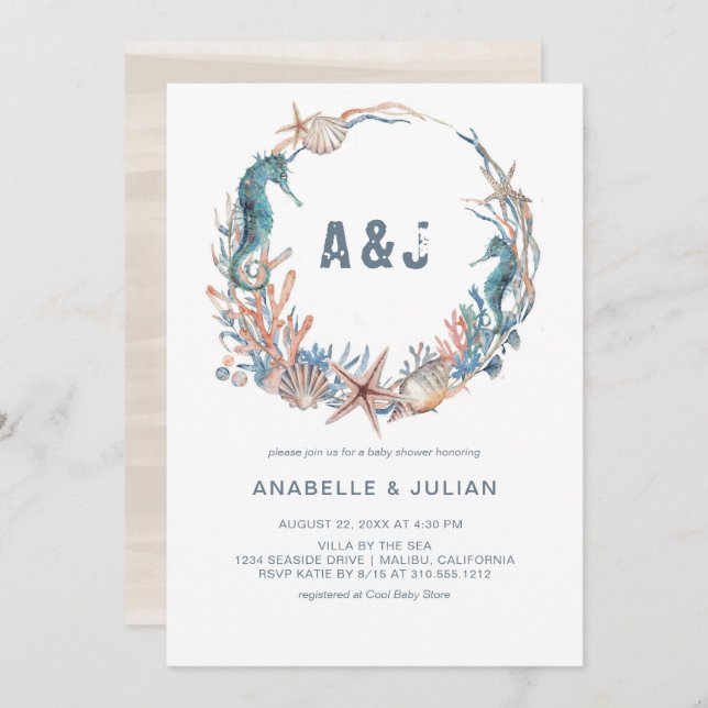 Invitation Sea Wreath | Baby shower Rustic Beach Monogram (Devant / Derrière)
