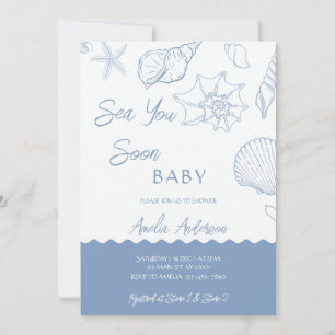 Invitation Sea You Soon Coquillages Côtiers Bleus Baby Shower