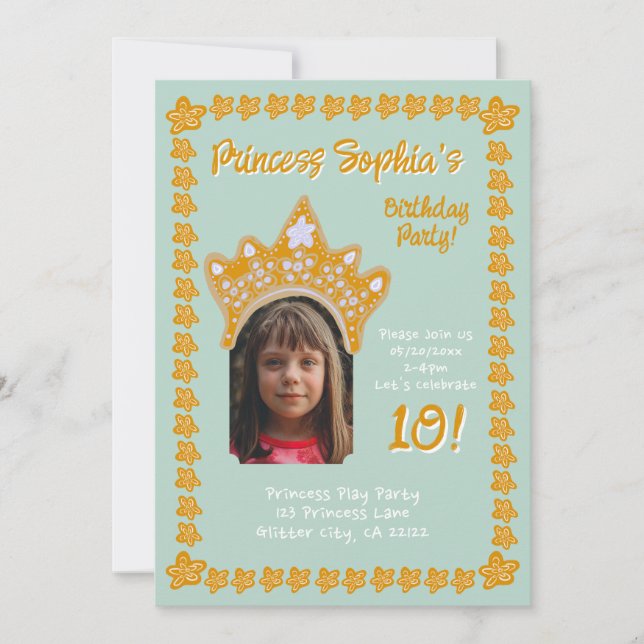 Invitation Seafoam Aqua Princess Crown Floral Photo Birthday (Devant)