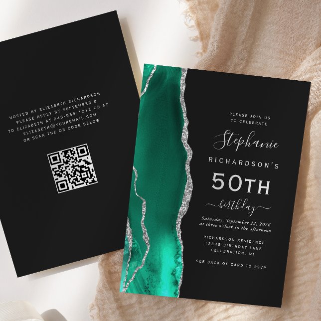 Invitation Seafoam Green Silver Agate QR Code 50e anniversair (Créateur téléchargé)