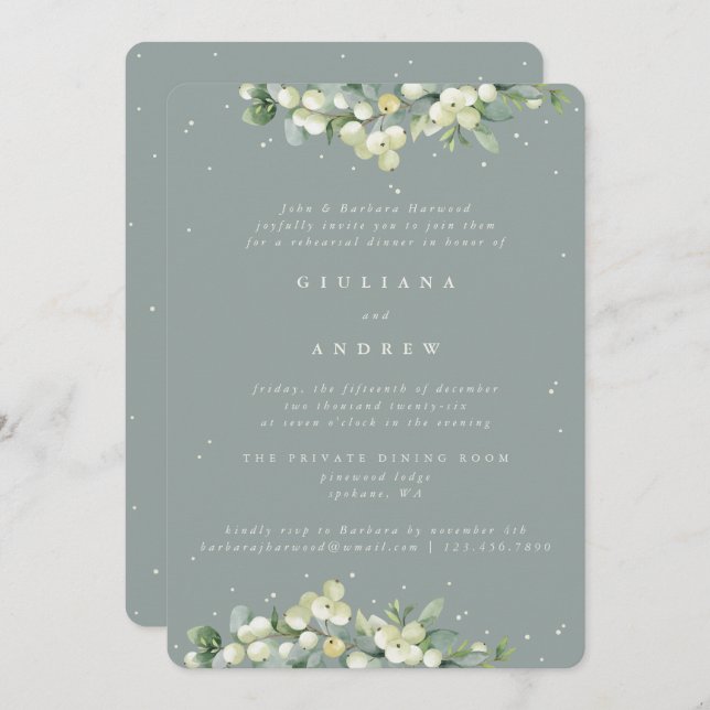 Invitation Seafoam Snowberry+Eucalyptus Mariage répétition (Devant / Derrière)
