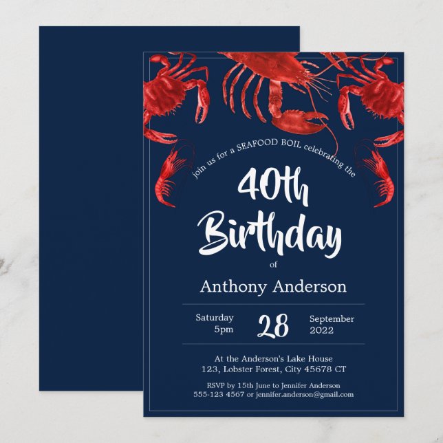 Invitation Seafood Boil Unique Red Dark Blue Anniversaire (Devant / Derrière)
