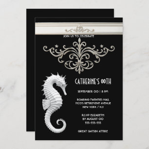 Invitation Seahorse thème été plage anniversaire noir blanc