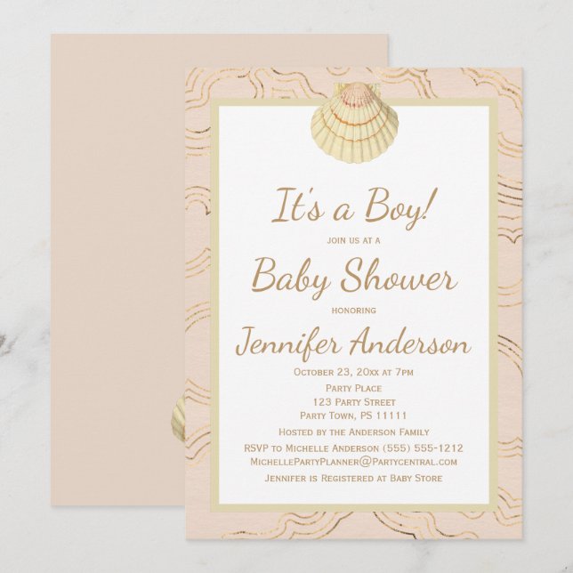 Invitation Seashell Baby shower de plage d'été Garçon (Devant / Derrière)