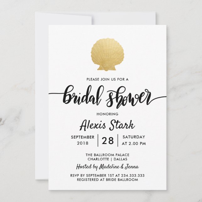 Invitation Seashell Faux Gold Foil Fête des mariées Océan (Devant)