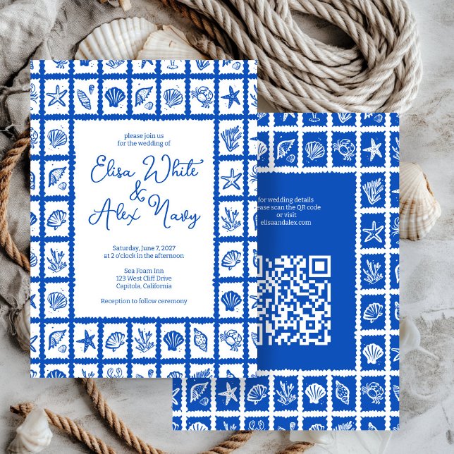 Invitation Seashell Grid Beach Wedding Code QR PERSONNALISÉ (Seashell Grid Beach Wedding CUSTOM QR Code Invitation
)