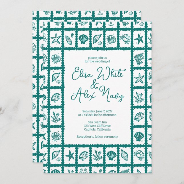 Invitation Seashell Grid Plage Mariage Vert CUSTOM QR Code (Devant / Derrière)