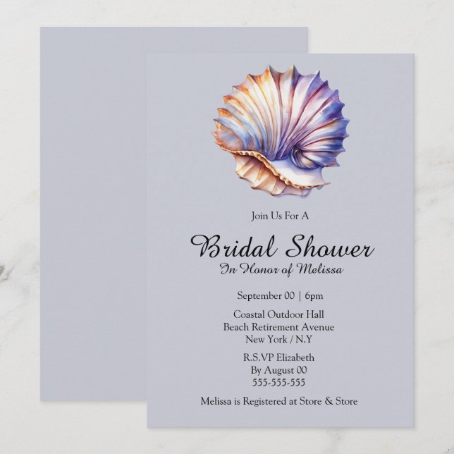Invitation Seashell nautique plage nuptiale douche bleu pouss (Devant / Derrière)